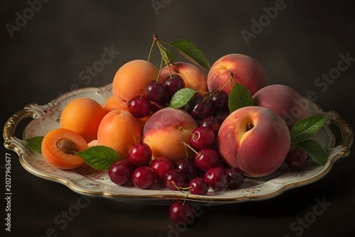 Estate, dieta salutare con frutta e vitamine: elegante piatto con melone, ciliegie, albicocche, pesche, fichi, fragole