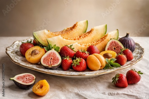 Estate, dieta salutare con frutta e vitamine: elegante piatto con melone, ciliegie, albicocche, pesche, fichi, fragole