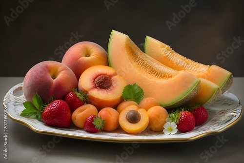 Estate, dieta salutare con frutta e vitamine: elegante piatto con melone, ciliegie, albicocche, pesche, fichi, fragole