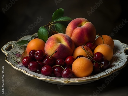 Estate, dieta salutare con frutta e vitamine: elegante piatto con melone, ciliegie, albicocche, pesche, fichi, fragole