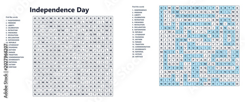 Independence Day word search puzzle with blue highlights  