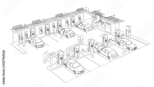 Top-Down EV Charging Infrastructure Network with Drivers and Service Staff Interacting at Charging Bays, Connected Energy Systems in Thin Line CAD Architectural Silhouette Vector Illustration