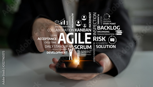 Canvastavla A business professional interacts with a smartphone while agile management concepts float in the background, emphasizing project management, teamwork, and efficiency