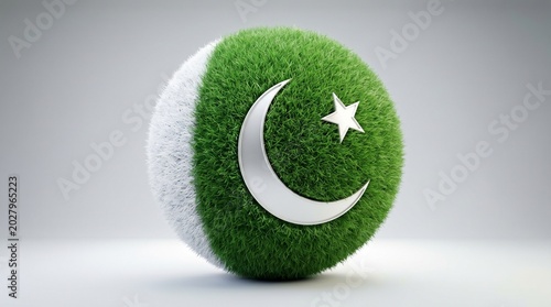 Pakistan flag, green and white, crescent moon and star symbol, textured ball, national emblem
