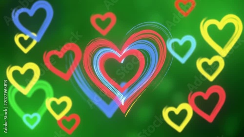 Animated Colorful Hearts Background on Green