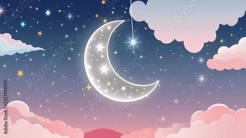 Animated Glowing Crescent Moon with Twinkling Stars and Floating Clouds