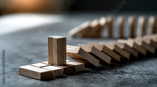 Gestoppte Dominosteine als Symbol für Kontrolle und Risikomanagement im Business