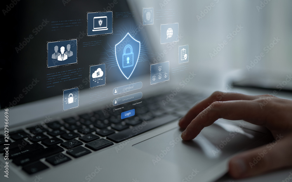 Obraz premium A cybersecurity dashboard for network protection. The system includes secure user login, multi-factor authentication, and access control to protect corporate data and assets. Fermion
