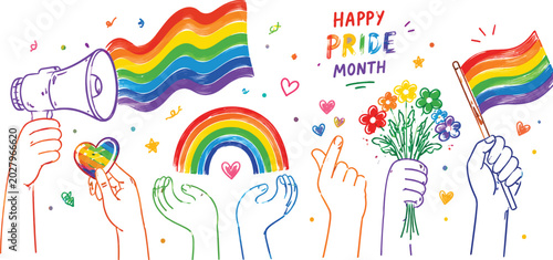 Happy Pride Month Rainbow Elements and Hands Concept Illustration