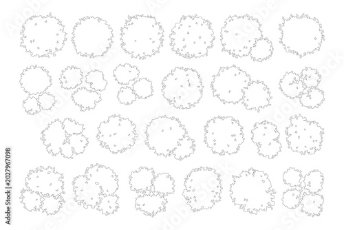 Foto Minimalist tree top view icons, architectural landscape plan symbols, black and