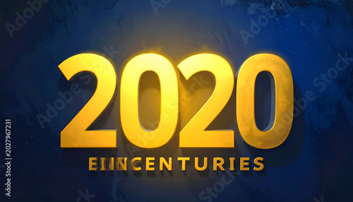 Golden 2020 Text with Subtle Lighting Effects on Dark Blue Background.