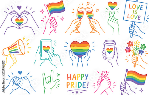 LGBTQ+ Pride Month Hand-Drawn Rainbow Icons and Hands Illustration Set