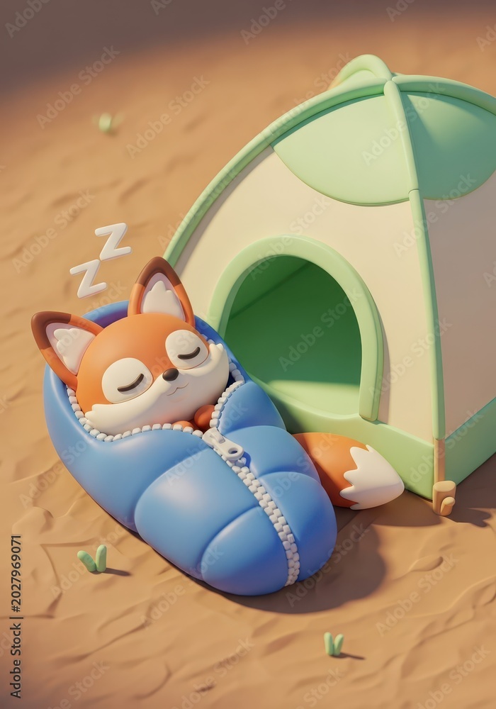 Fototapeta premium Cute 3D Rendered Cartoon Fox Sleeping in a Blue Sleeping Bag Next to a Tent on Sand - Cozy Camping Illustration