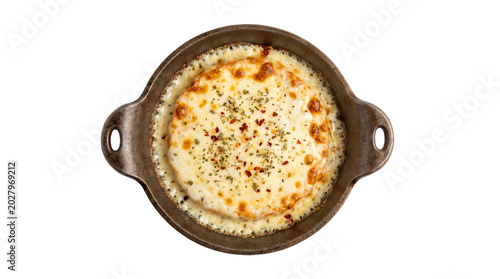 Delicious Baked Cheese Dip Appetizer in Ceramic Dish.