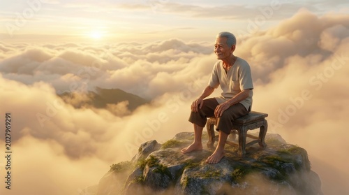 Wise senior Asian man contemplating life on a mountain summit above a sea of clouds at sunrise. Concept of peace, retirement, legacy, and spiritual enlightenment.