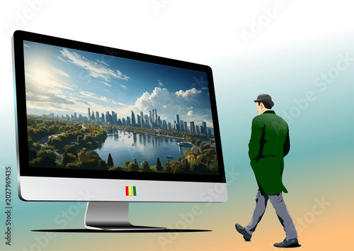 Photos 085-28-Man in bowler hat walking towards a monitor displaying a city metropolis