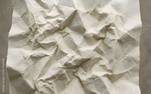 Heavily crumpled off-white paper texture with sharp creases and deep shadows