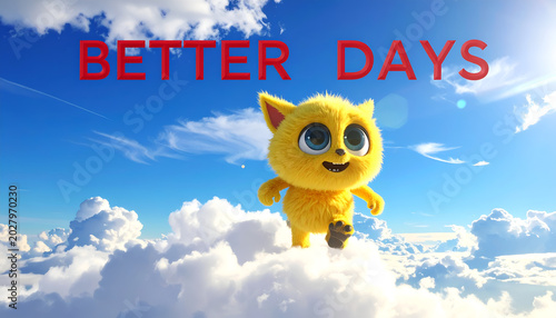 Cute Yellow Cartoon Cat Character Walking on Clouds.