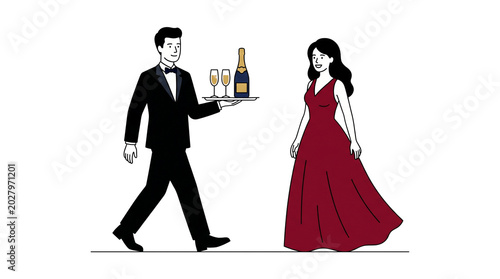 Elegant Woman in Red Gown with Champagne Service.