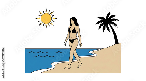 Woman in Bikini Walking on Beach Illustration.