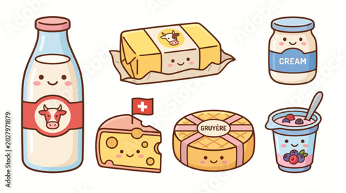 A colorful illustration of smiling dairy products including milk, butter, cream, cheese, and yogurt on a white background.