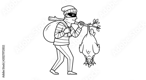 Thief stealing a chicken, carrying it on a stick with a sack over his shoulder.