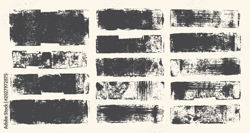 Vintage grunge brush texture vector set, Distressed Ink roller linocut stamps  rectangles and rough dry brush paint stripes overlay collection for retro screen print backgrounds