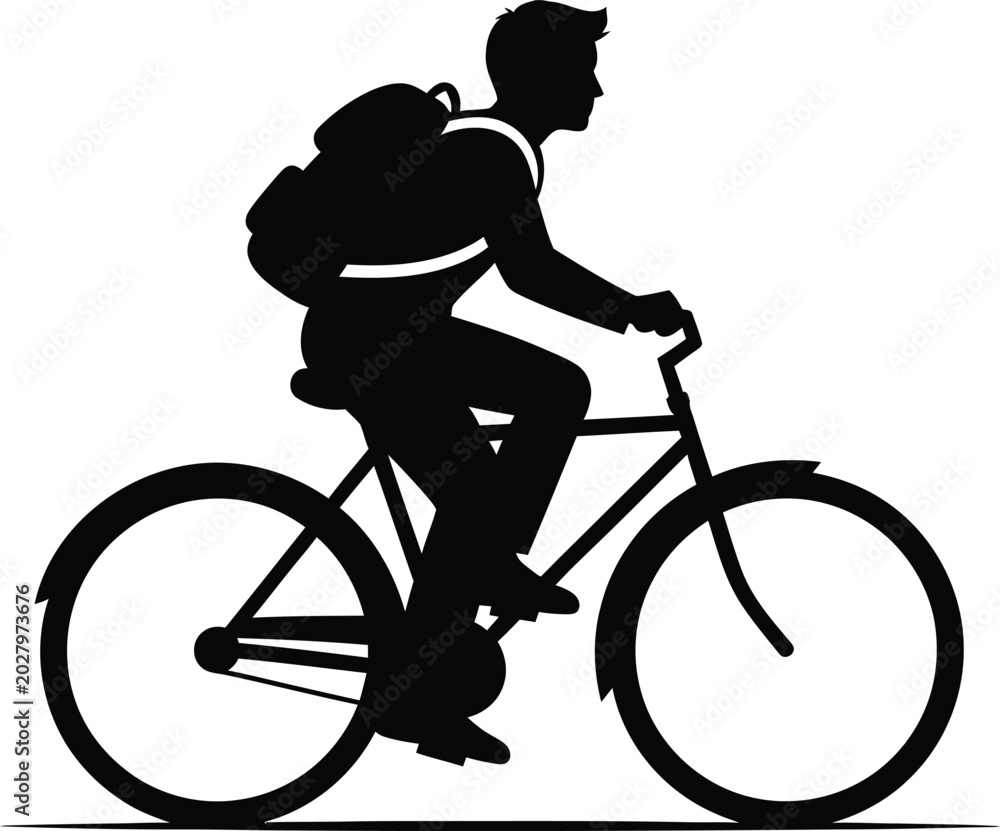 Fototapeta premium Man riding bicycle with backpack on the road vector illustration