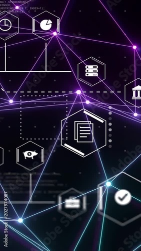 Vertical video: Node glow starting graph forming center doc glowing upward pan showing data links