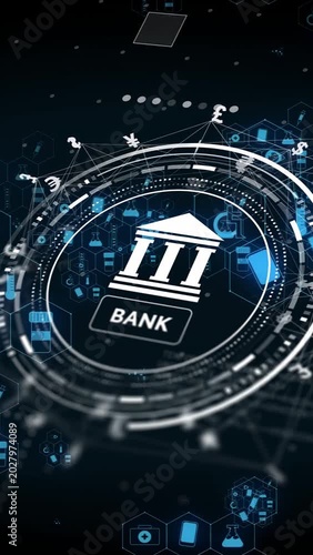 Vertical video: Bank HUD appearing, rotating, pulsing, moving funds along lines showing global flow
