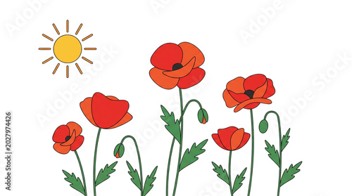 Stylized Red Poppy Flowers with Sun Illustration.