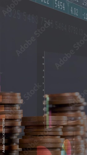 Vertical video: Chart appearing, charts sliding behind coin stacks, showing market trend shifts