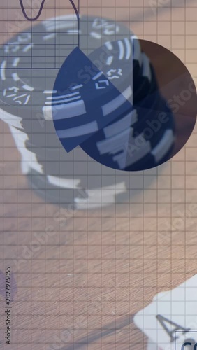 Vertical video: On play, overlays animating over poker chip stack, visualizing bar line pie binary