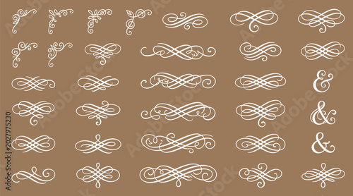 Tableau sur toile Elegant calligraphic flourishes and swirl ornaments, set of 8 black ink decorati