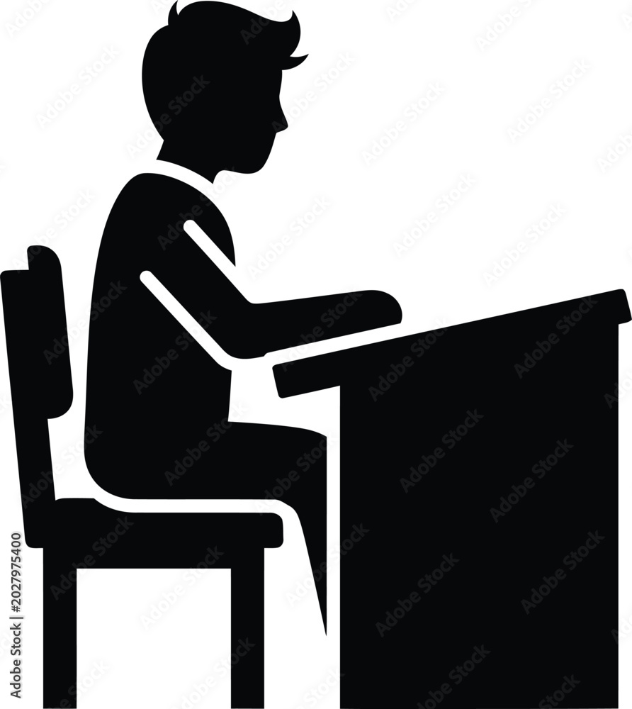 Fototapeta premium Silhouette of person sitting at desk writing learning studying or working vector illustration