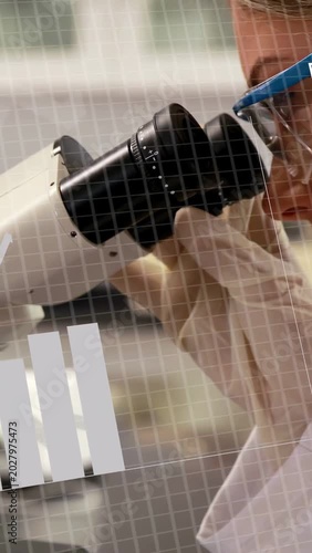 Vertical video: Gloved hand adjusting scope lens, lab scientist peering, analyzing chart UI overlay