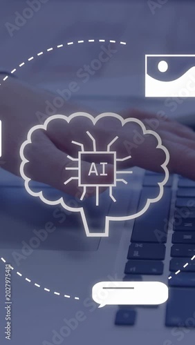 Vertical video: Hand hovering pad L form growing forming AI brain chip icons orbiting showing links