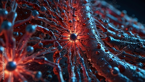 Abstract Futuristic Microscopic Organism Concept Showing Vibrant Red and Blue Biological Cell Networks Glowing Neurons with Interconnected Synapses and Complex Fluid Textures 3D Render Illustration