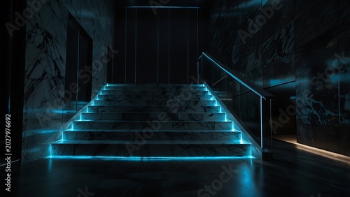 Modern Luxury Building Interior Featuring a Grand Marble Staircase Illuminated with Vibrant Cyan Neon LED Strip Lights and Dark Textured Marble Walls Sleek Contemporary Architectural Design