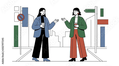 Two women chatting on street with coffee.