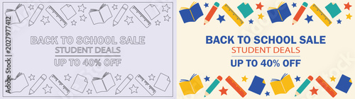 Back to school sale banner set with student supplies, books, pencils, rulers and stars, flat vector illustration for education promotion and discount offers