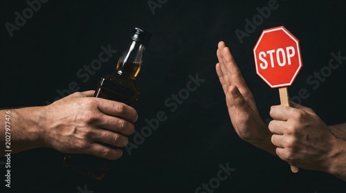 Hand of man holding bottle of alcohol and hand of woman showing stop sign. Conceptual depiction of anti alcohol campaign, addiction recovery and refusal of beverage for sobriety.