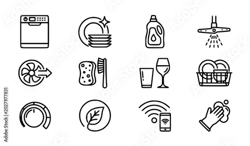 Professional dishwasher outline icon set with kitchen appliance and household cleaning vector symbols
