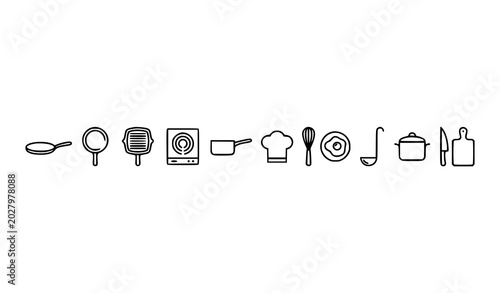 Minimal crepe pan skillet outline icons with cooking cookware and kitchen vector collection