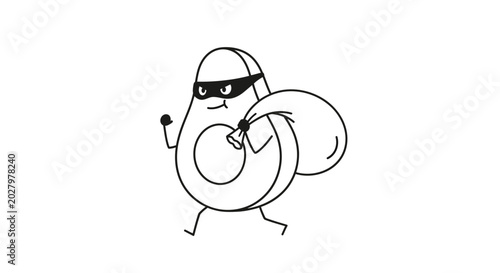 Funny avocado thief with a sack, cartoon style, white background