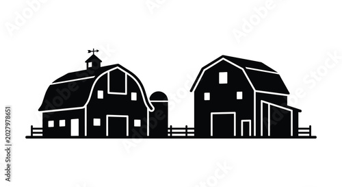 Cuadro en lienzo Black silhouette of two barns with a weather vane and fence on a white backgroun