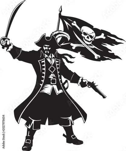 Foto Pirate, Jolly Roger flag, skull symbol, black vector illustration, sword, gun, c