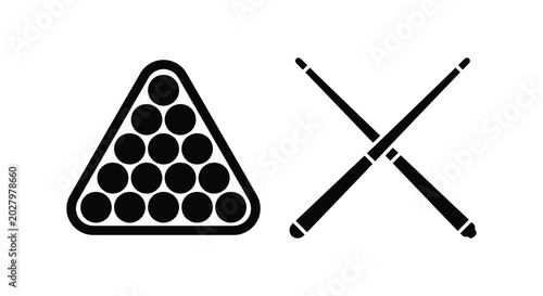 Quadro su tela Billiards rack of pool balls and crossed cues in black silhouette