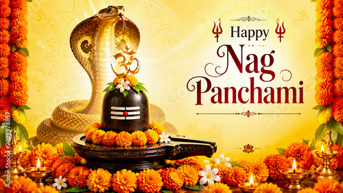Happy nag panchami festival greeting with shiva lingam cobra marigold flowers