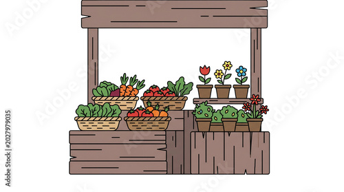 Illustration of a rustic market stand with produce.